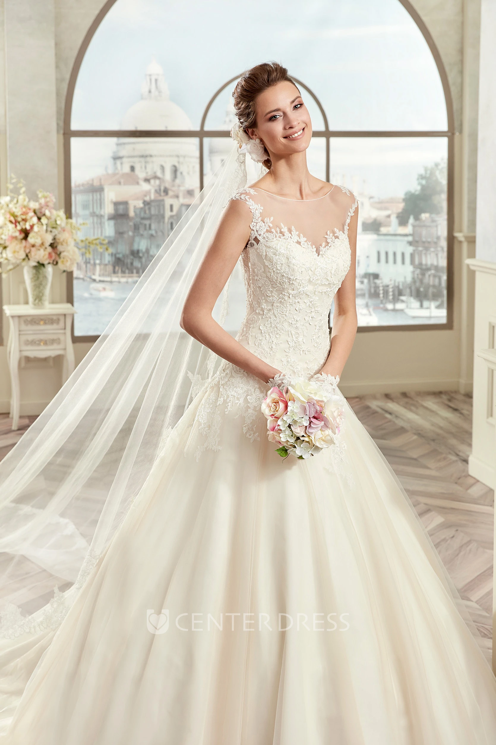 Classic Cap sleeve A-line Wedding Gown with Illusive Design and Brush Train 