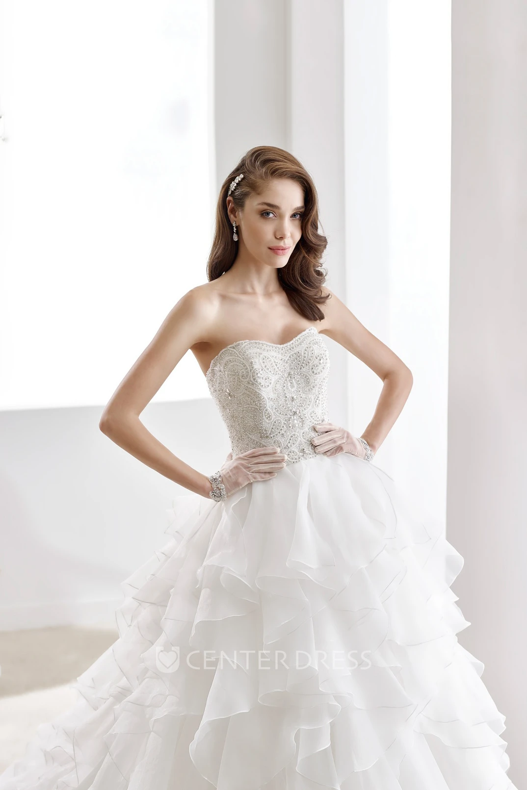 Strapless A-line Ruching Wedding Gown with Beaded Bodice and Cascading Ruffles