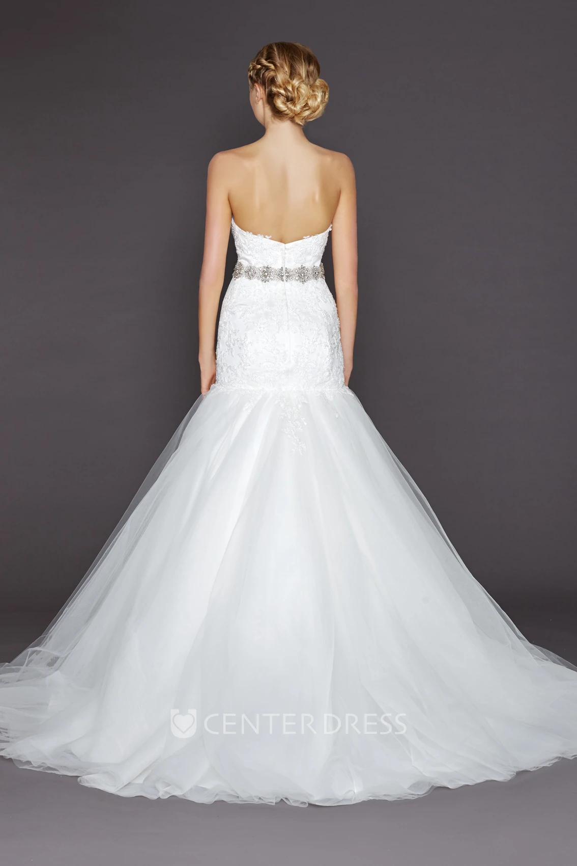 Trumpet Jeweled Floor-Length Sweetheart Tulle&Lace Wedding Dress With Appliques And V Back