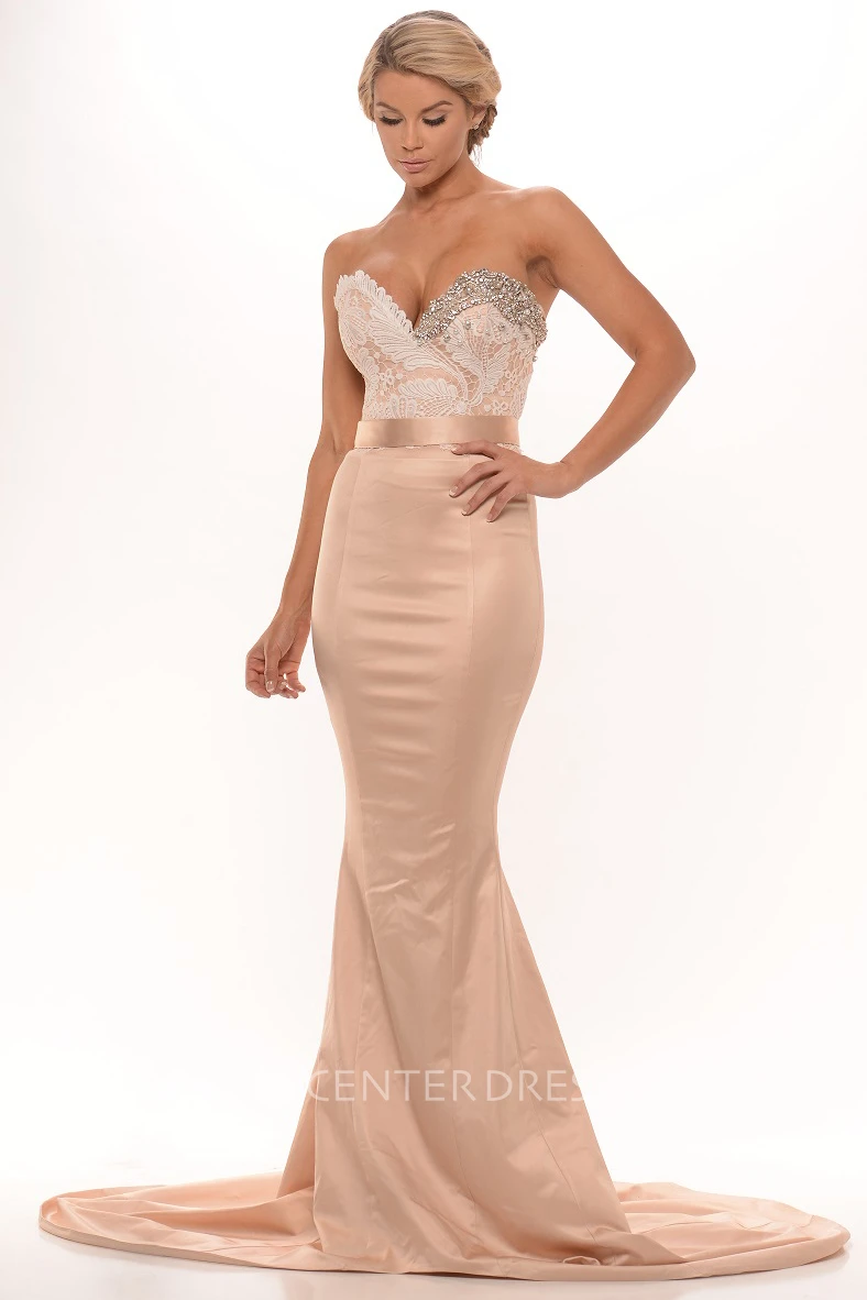 Mermaid Beaded Sleeveless Floor-Length Sweetheart Satin Prom Dress With Backless Style And Appliques