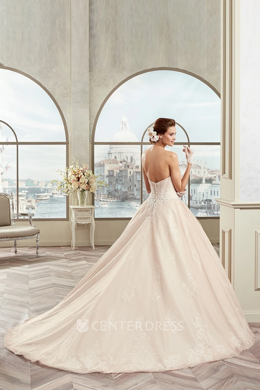 Lovely Strapless A-Line Bridal Gown With Fine Appliques And Open Back