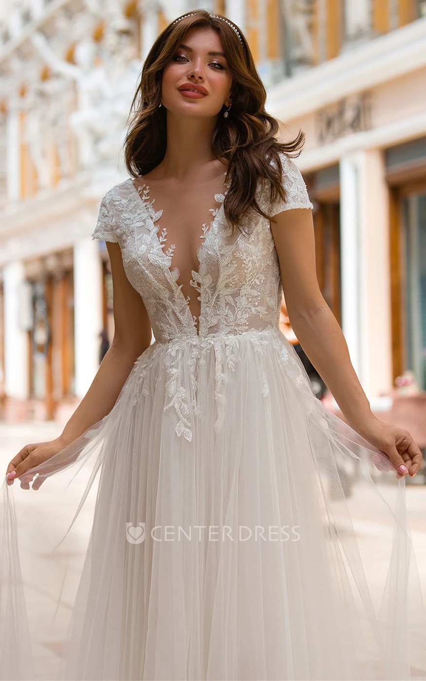 Elegant A Line Plunging Neck Sweep Train Tulle Wedding Dress with Appliques