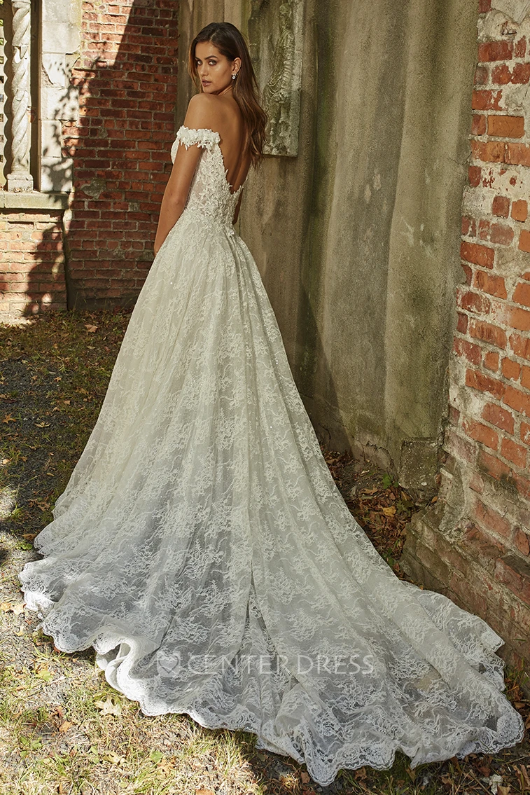 A-line Lace Appliqued Adorable Off-the-shoulder Sweetheart Wedding Dress With Open Back