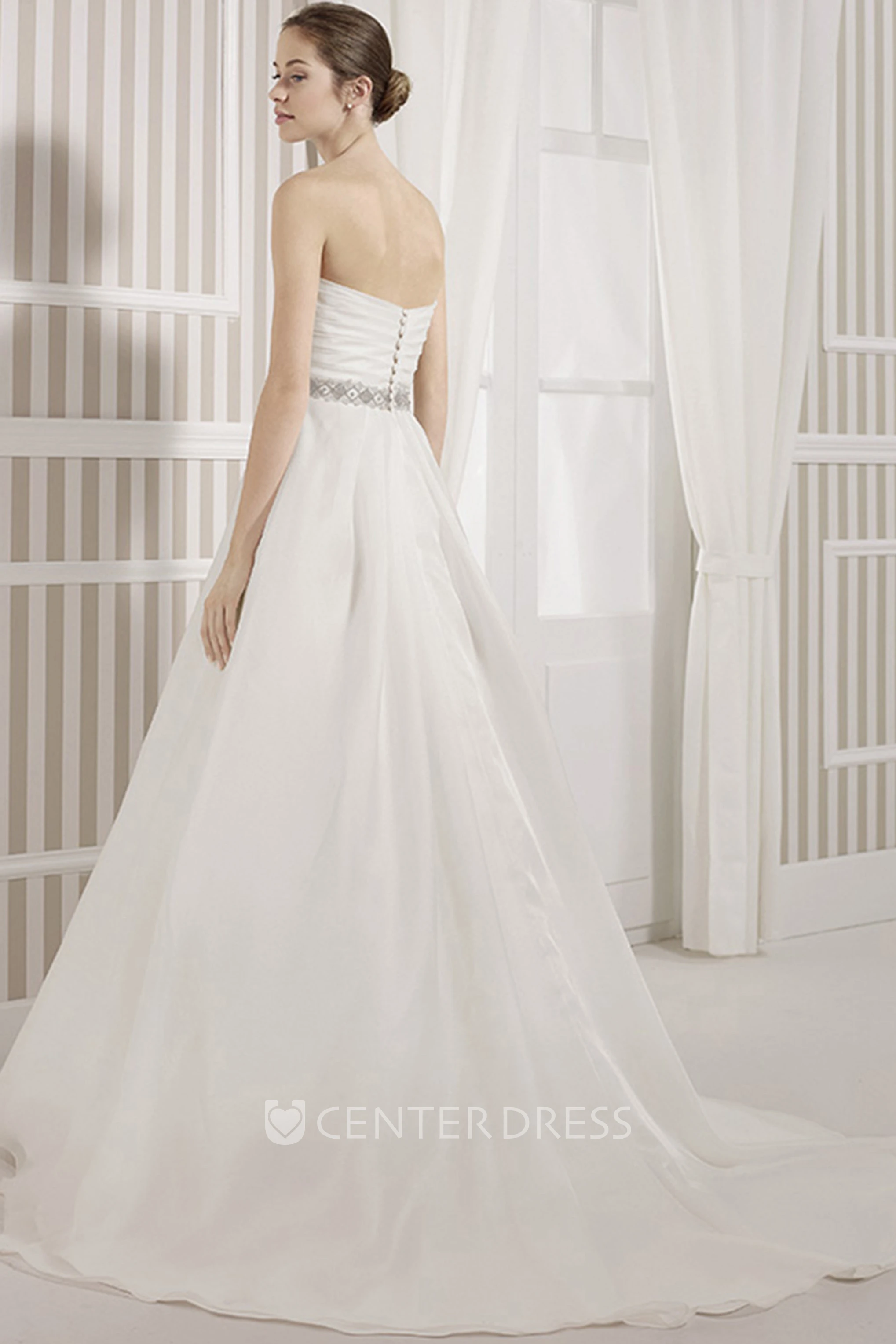 A-Line Long Sleeveless Criss-Cross Sweetheart Satin Wedding Dress With Waist Jewellery And Backless Style