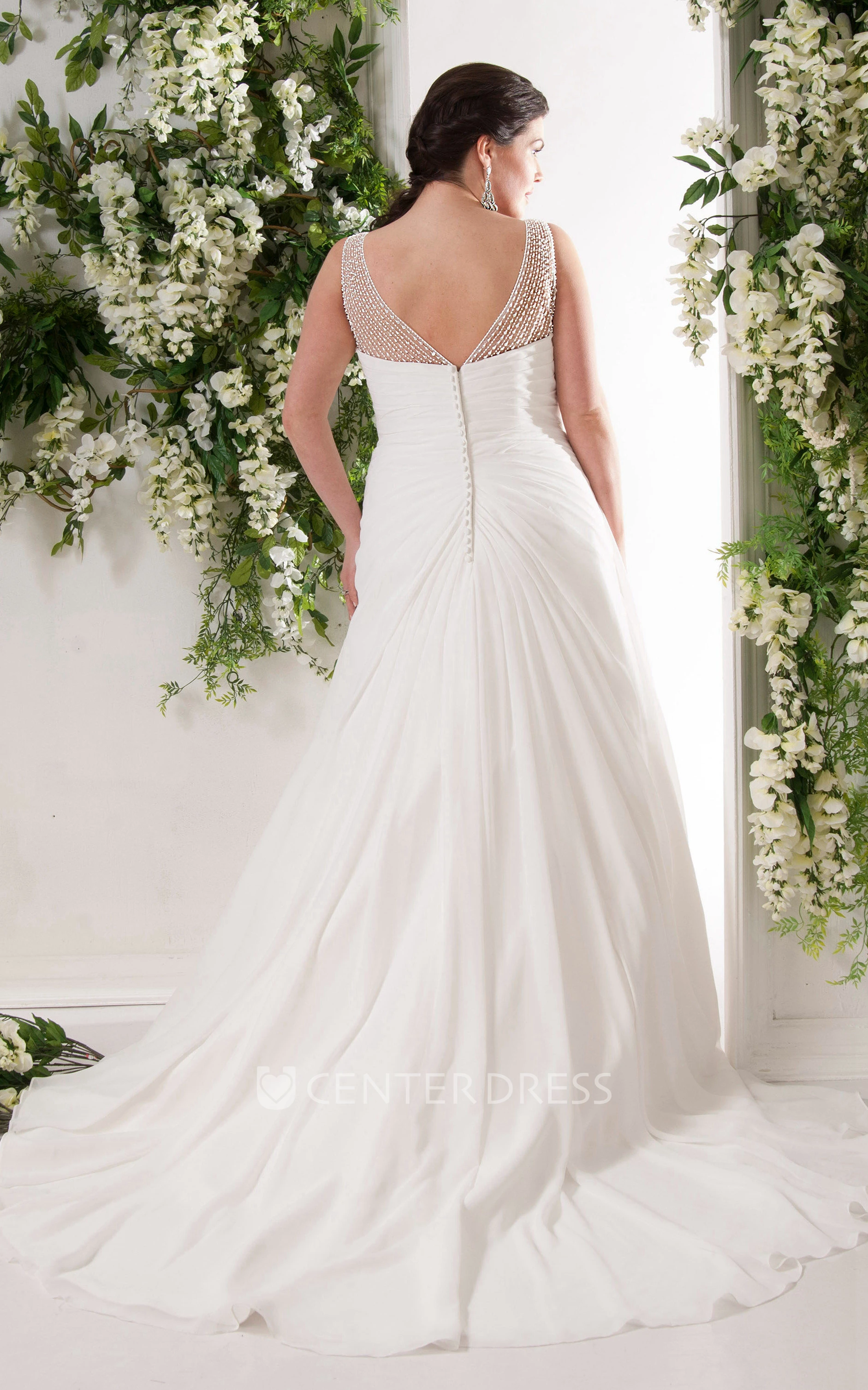 Sleeveless V-Neck Chiffon Dress With Beading And Side Ruching