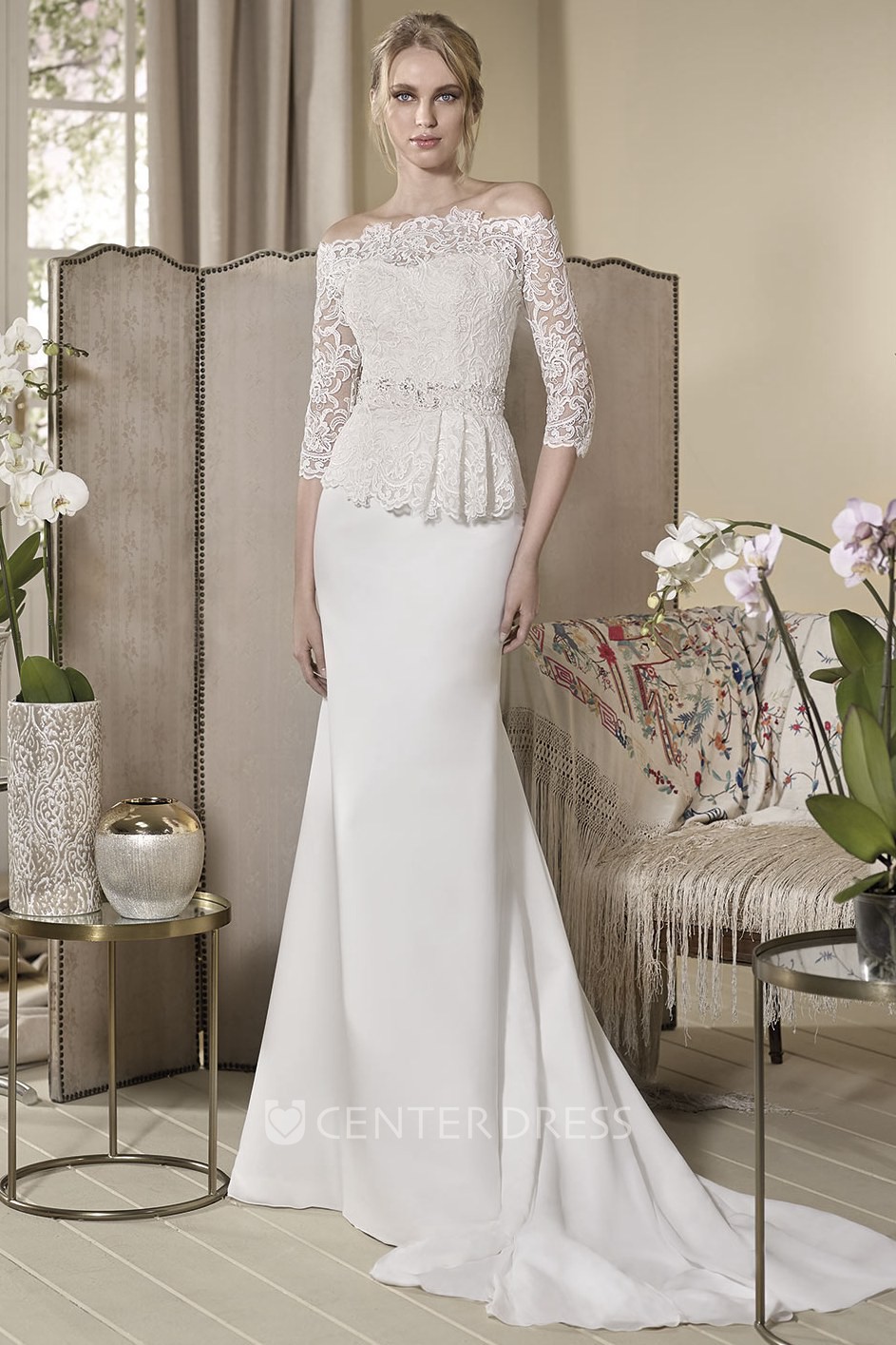 Peplum wedding dress on sale with lace sleeves