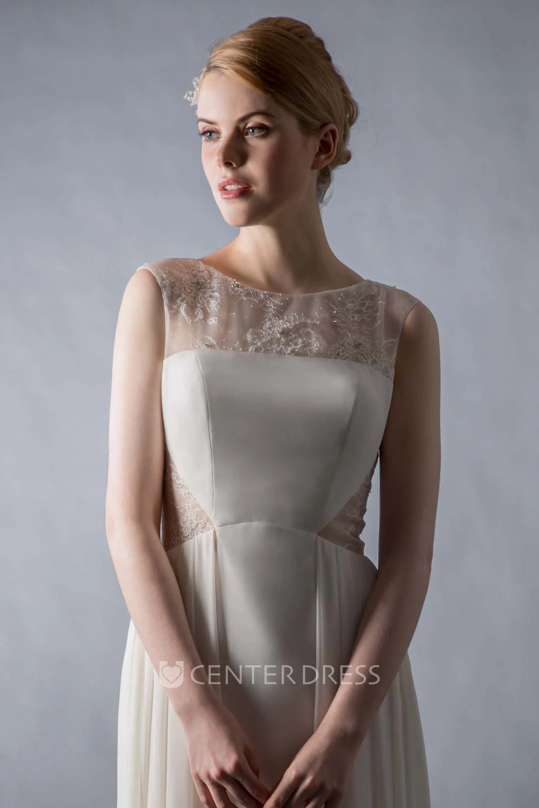 Sheath Scoop Cap-Sleeve Beaded Floor-Length Satin&Chiffon Wedding Dress With Illusion Back And Sweep Train