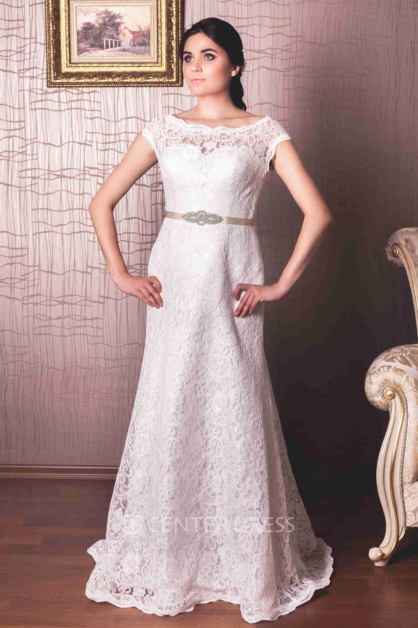 Sheath Floor-Length Cap-Sleeve Bateau-Neck Lace Wedding Dress With Waist Jewellery And Appliques