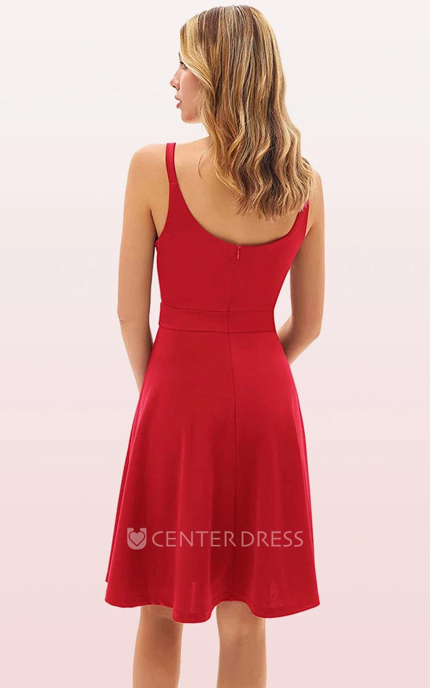 Casual Sleeveless A Line Jersey V-neck Prom Cocktail Dress With Ruffles