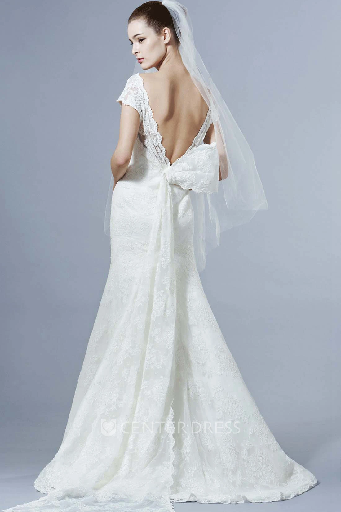 Mermaid Bateau Neck Cap Sleeve Appliqued Lace Wedding Dress
