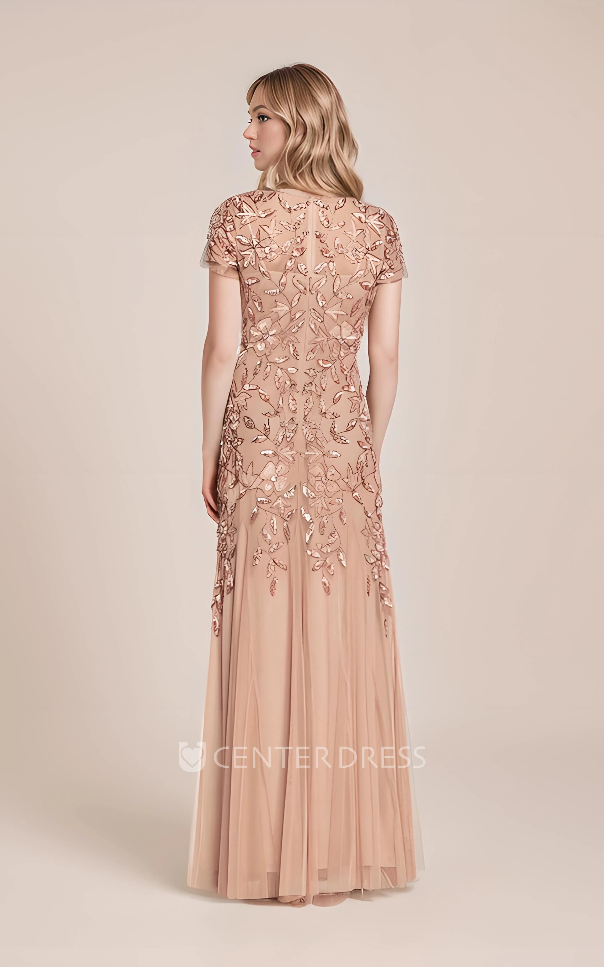 Modest Mother Of Bridals Short Sleeve Satin Dress with Hand-Beaded Flower