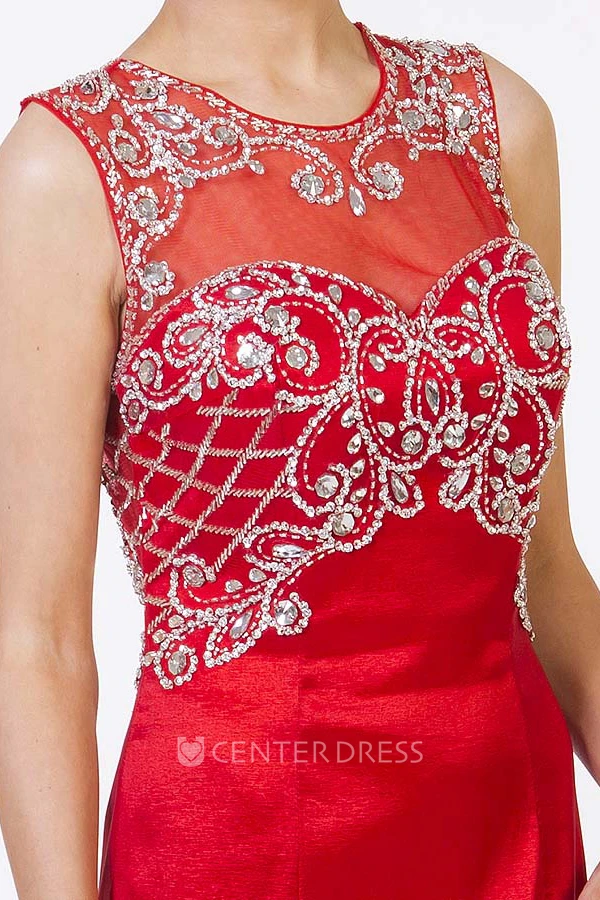Trumpet Sleeveless Long Beaded Scoop Satin Prom Dress With Keyhole Back