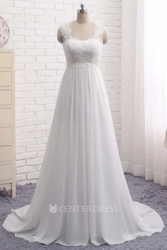 A-line Lace-up Chiffon Empire Elegant Queen Anne Lace Wedding Dress With Key Hole