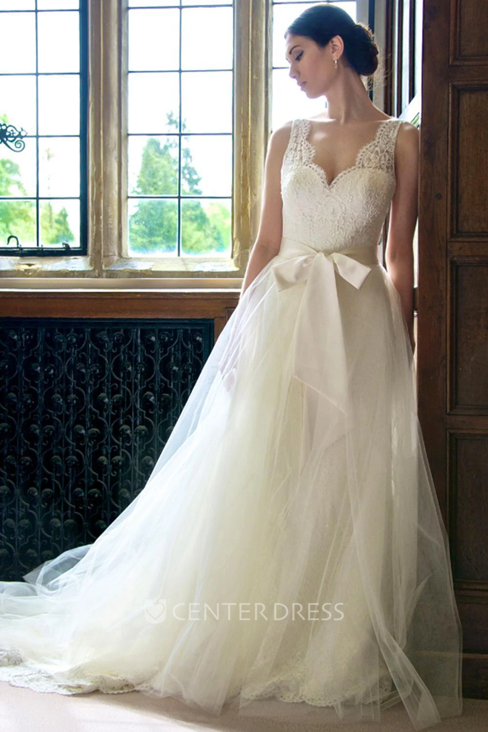 Ball Gown V-Neck Long Sleeveless Lace Tulle Wedding Dress With Bow And Ruffles