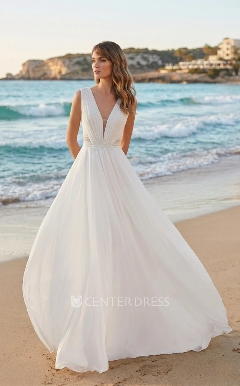 Simple Elegant Chiffon Lace A-Line Plunging Neckline Spring Wedding Dress Solid Chic Ethereal Floor-length Backless Sleeveless Bridal Gown with Train