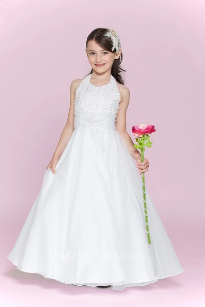 Flower Girl Halter A-line Organza Long Dress With Bandage