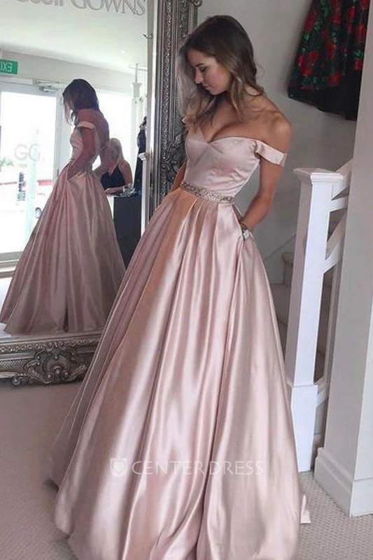 Cap Short Sleeve Floor-length A-Line Off-the-shoulder Satin Dress