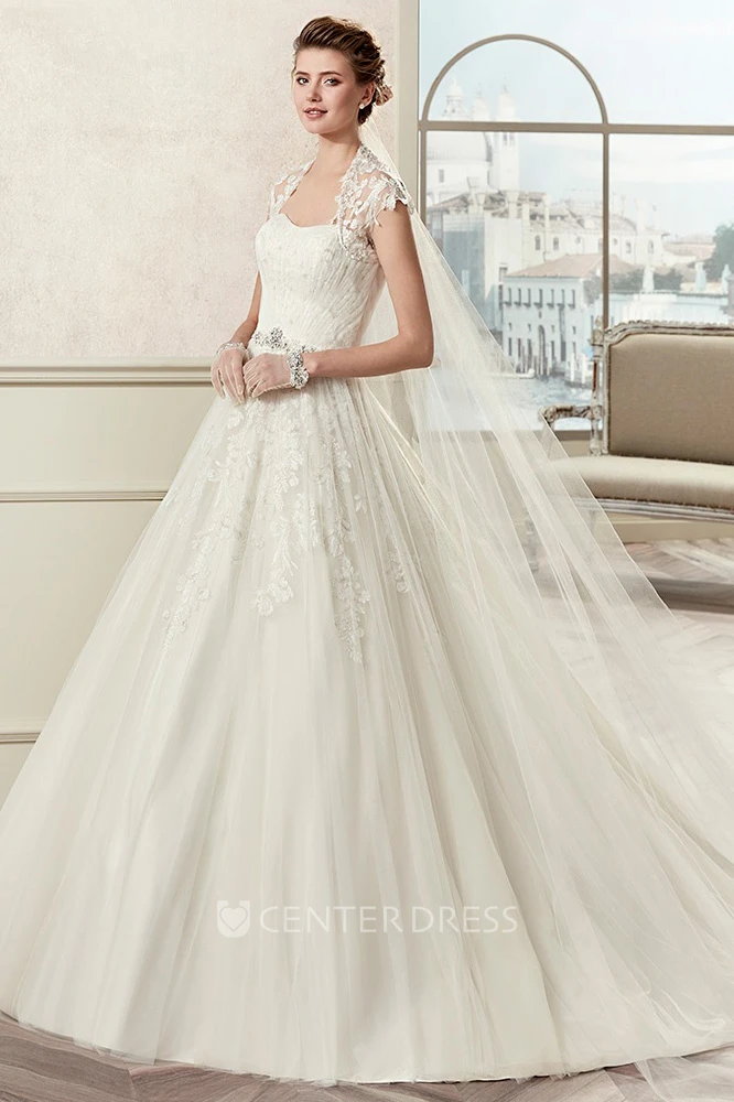 Royal Beaded A-Line Bridal Gown With Queen-Anna Neckline And Pleated Skirt