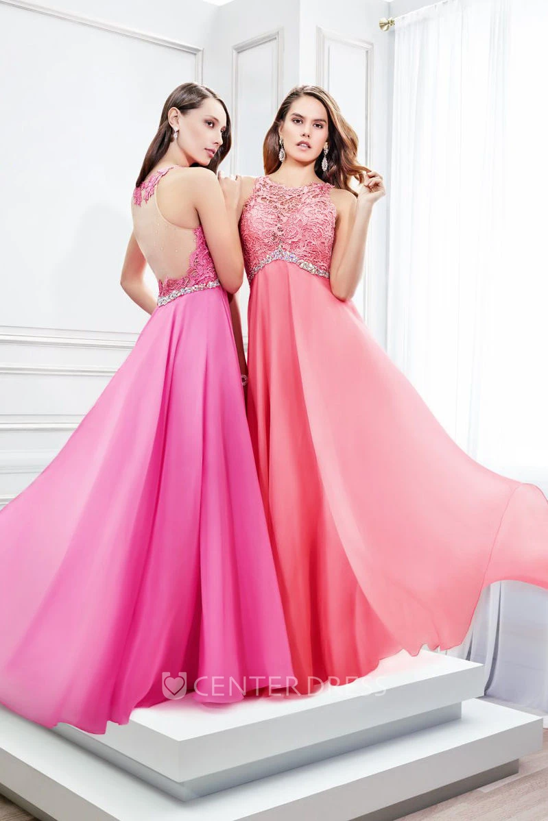 Floor-Length Sleeveless Scoop Neck Appliqued Satin Chiffon Prom Dress