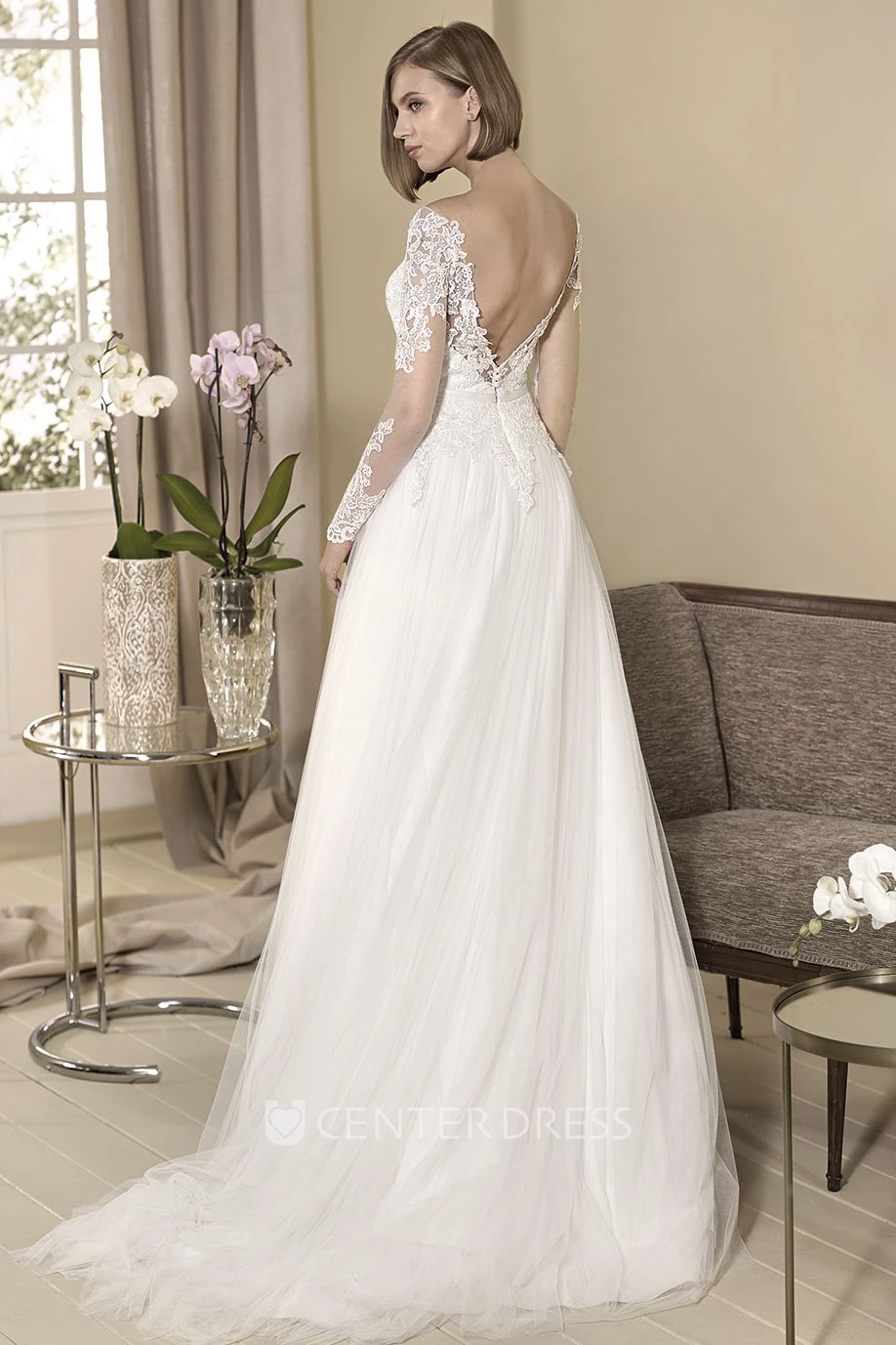 A-Line Appliqued Floor-Length Long-Sleeve Off-The-Shoulder Tulle&Lace Spring Wedding Dress