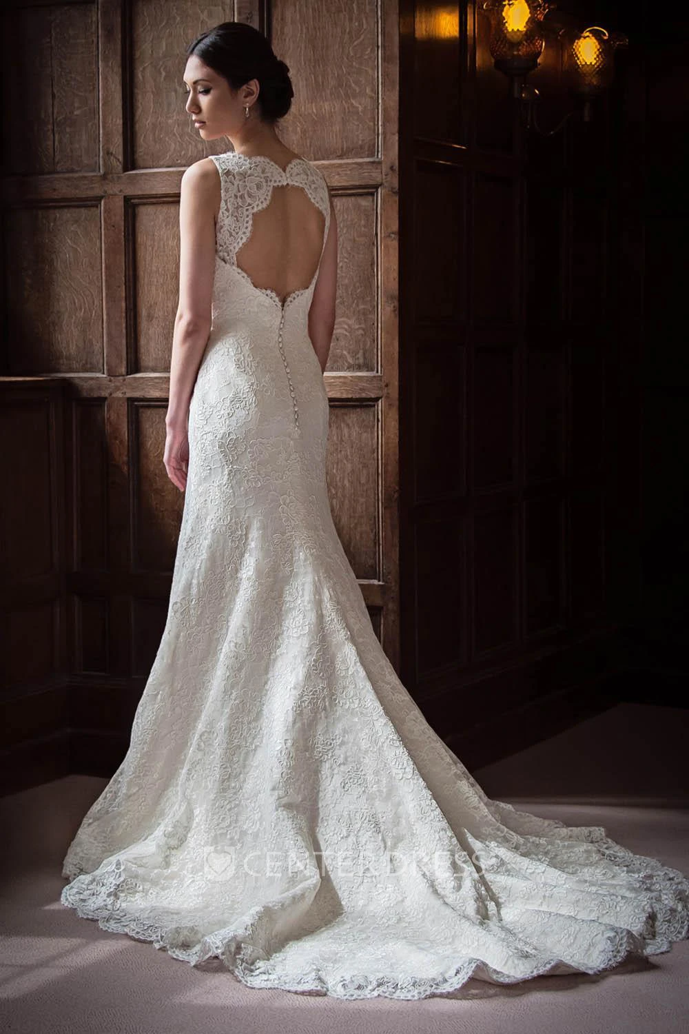 A-Line Appliqued Floor-Length V-Neck Sleeveless Lace Wedding Dress