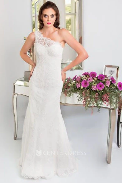 Sheath Sleeveless One-Shoulder Lace Wedding Dress