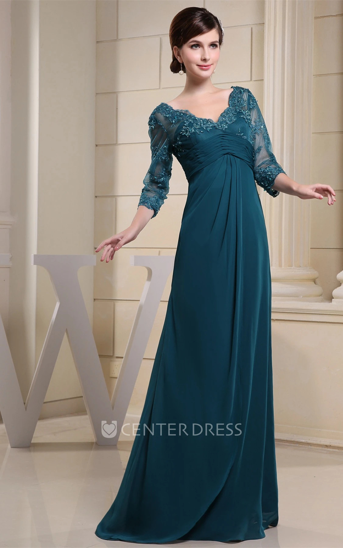 V-Neck Empire Floor-Length Dress with Appliques and Illusion Sleeve