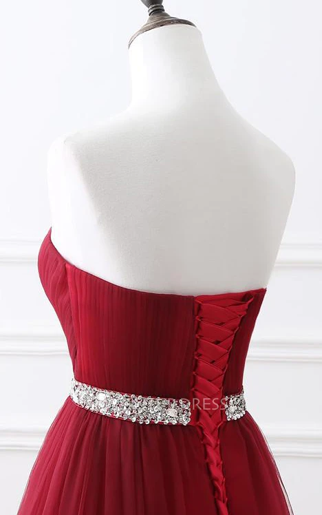 A Line Sleeveless Tulle Romantic Corset Back Evening Dress with Beading and Pleats