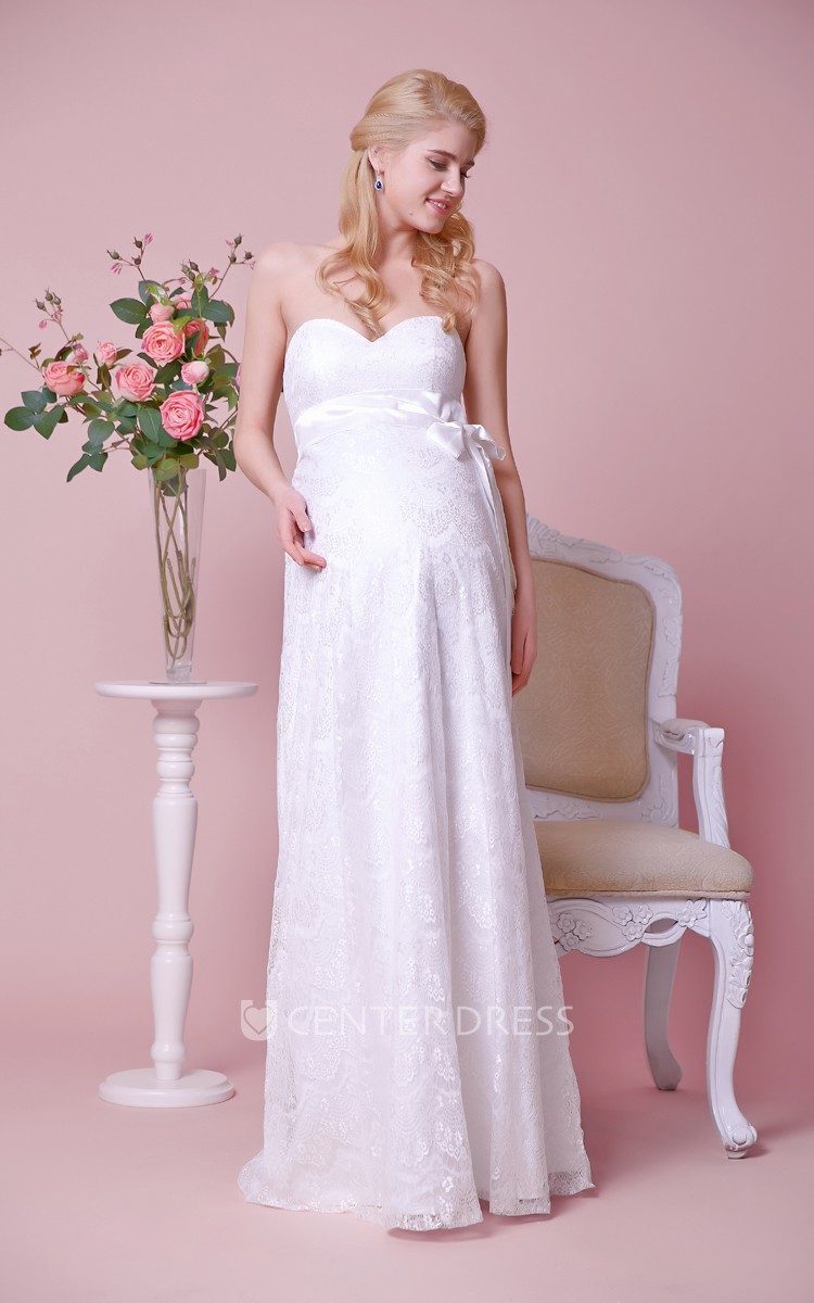 lace and chiffon empire waist strapless maternity wedding dress