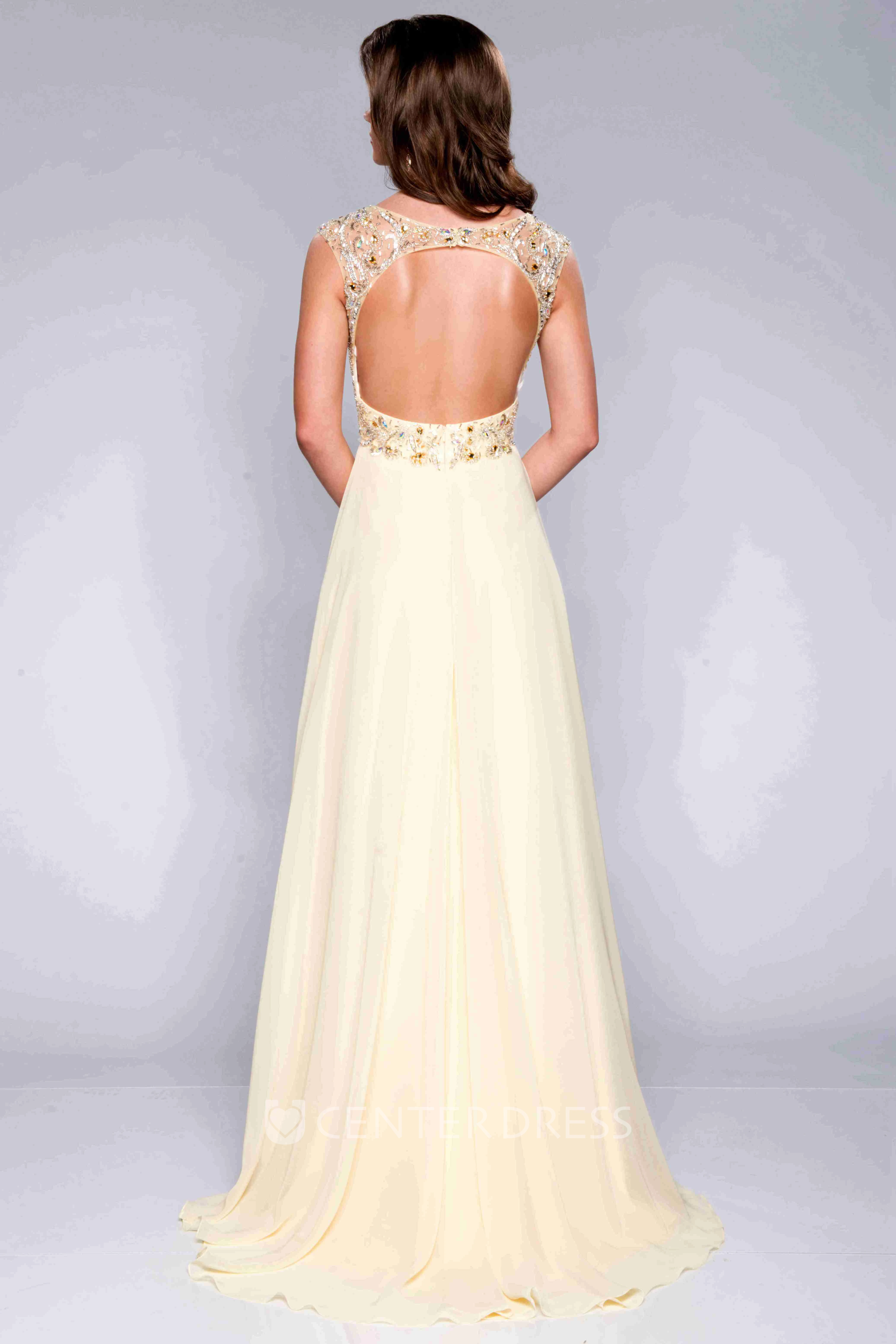 Cap Sleeve A-Line Chiffon Bateau Neck Prom Dress With Keyhole Back