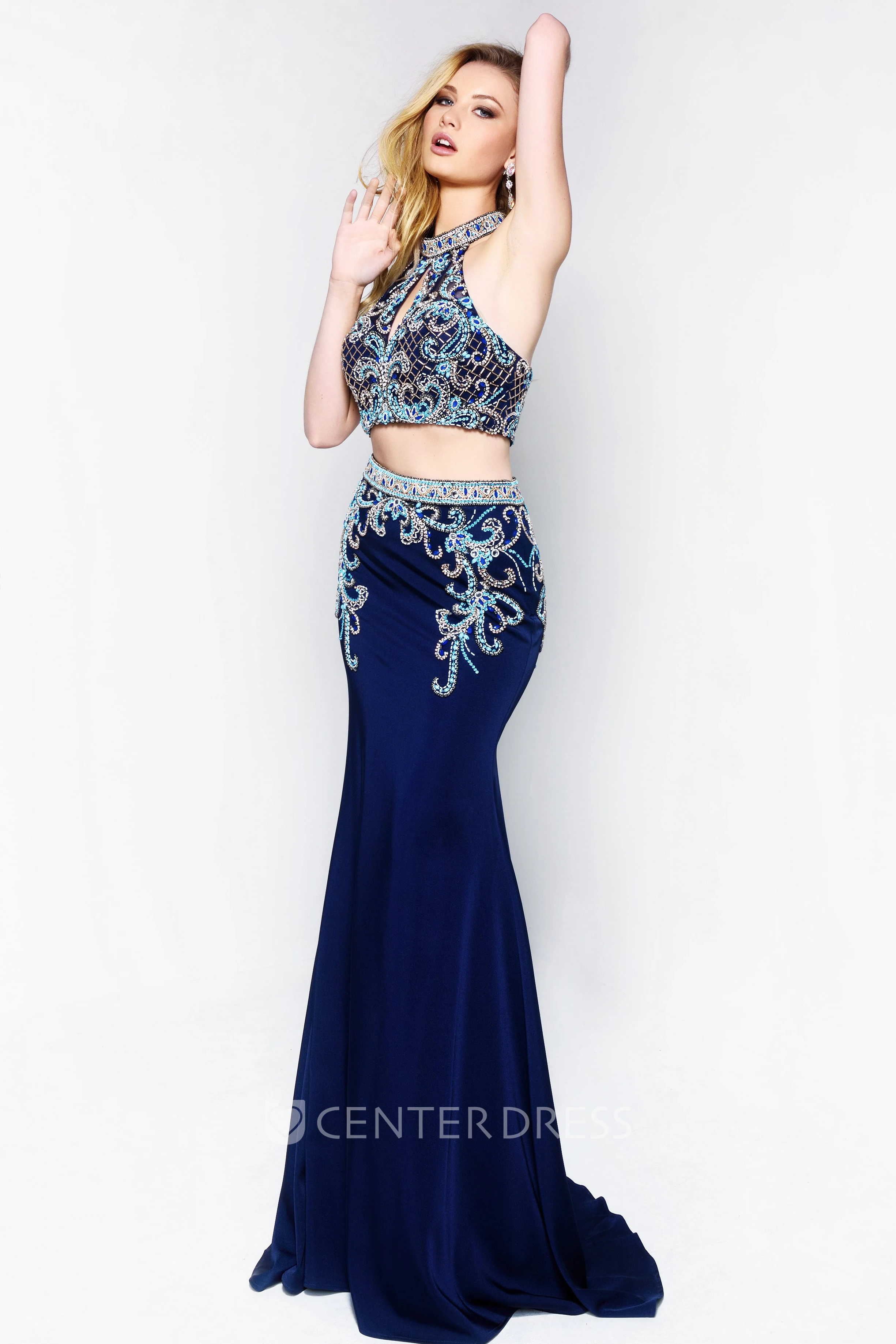 Two-Piece Sheath Jewel-Neck Sleeveless Jersey Dress With Beading