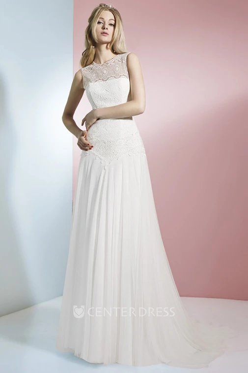 A-Line Jewel Floor-Length Sleeveless Lace Chiffon Wedding Dress With Illusion Back And Sweep Train