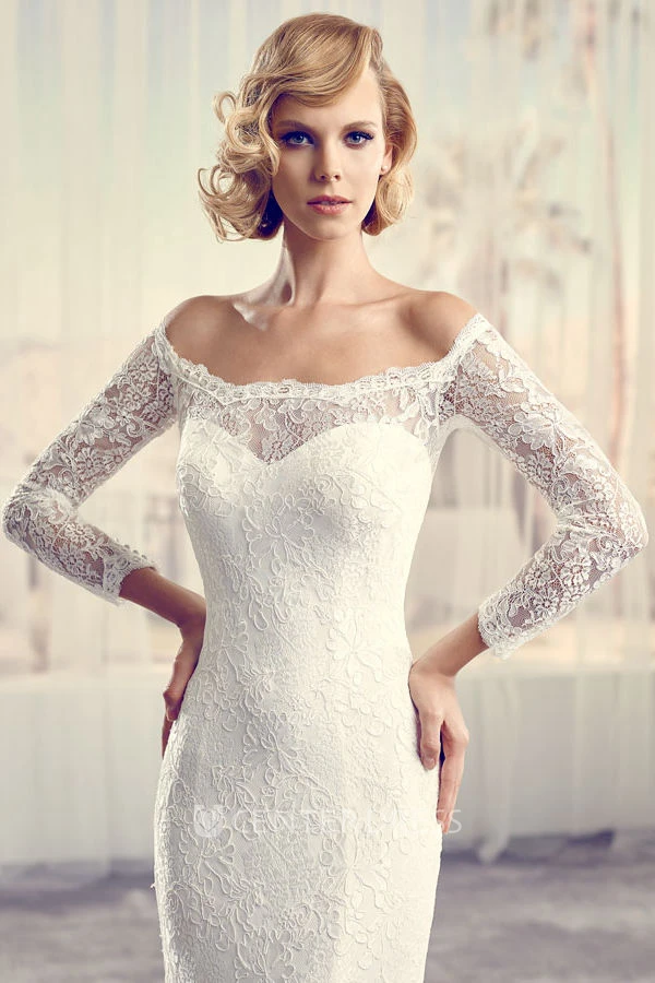 Long Off-The-Shoulder Long-Sleeve Lace Spring Wedding Dress With Court Train And Illusion