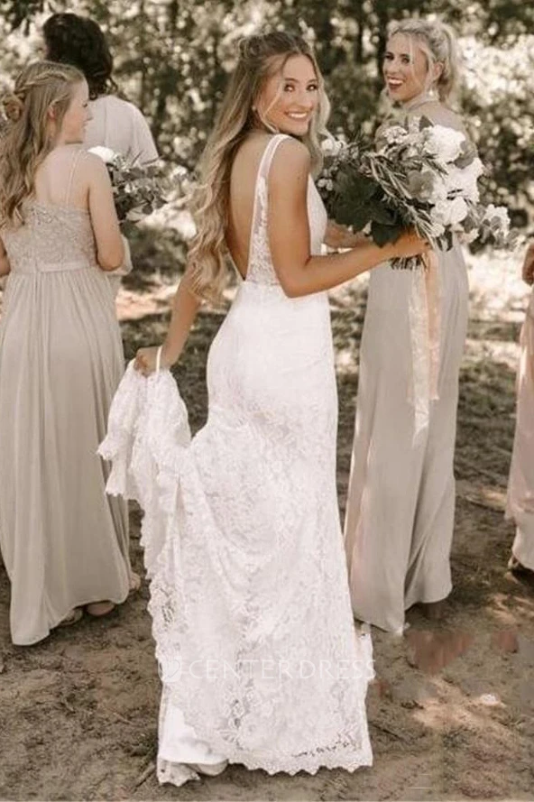 Ethereal Lace V-Neck Deep-V Back Bridal Gown with Court Train