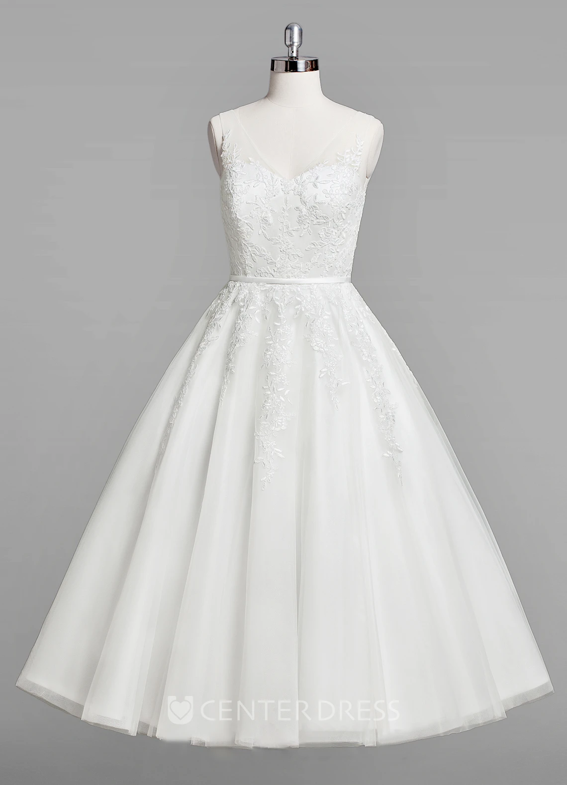 V-Neck Sleeveless A-Line Lace Tea-Length Wedding Dress