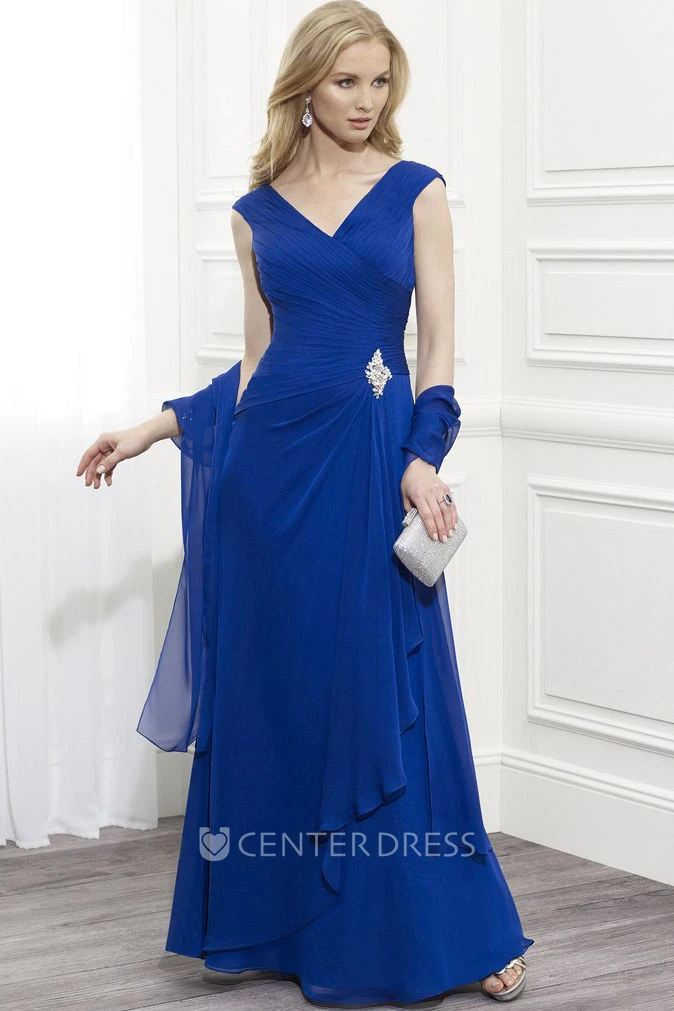 Maxi V-Neck Draped Sleeveless Chiffon Mother Of The Bride Dress With Broach