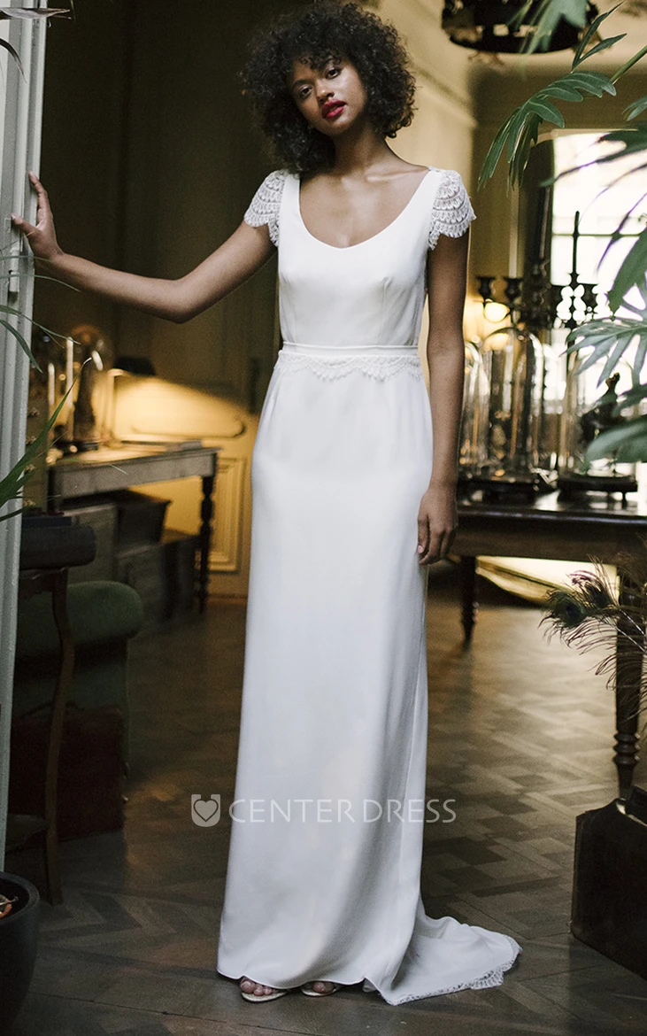 Highend Sheath Satin and Lace Scoop Neck Wedding Dress with Sash
