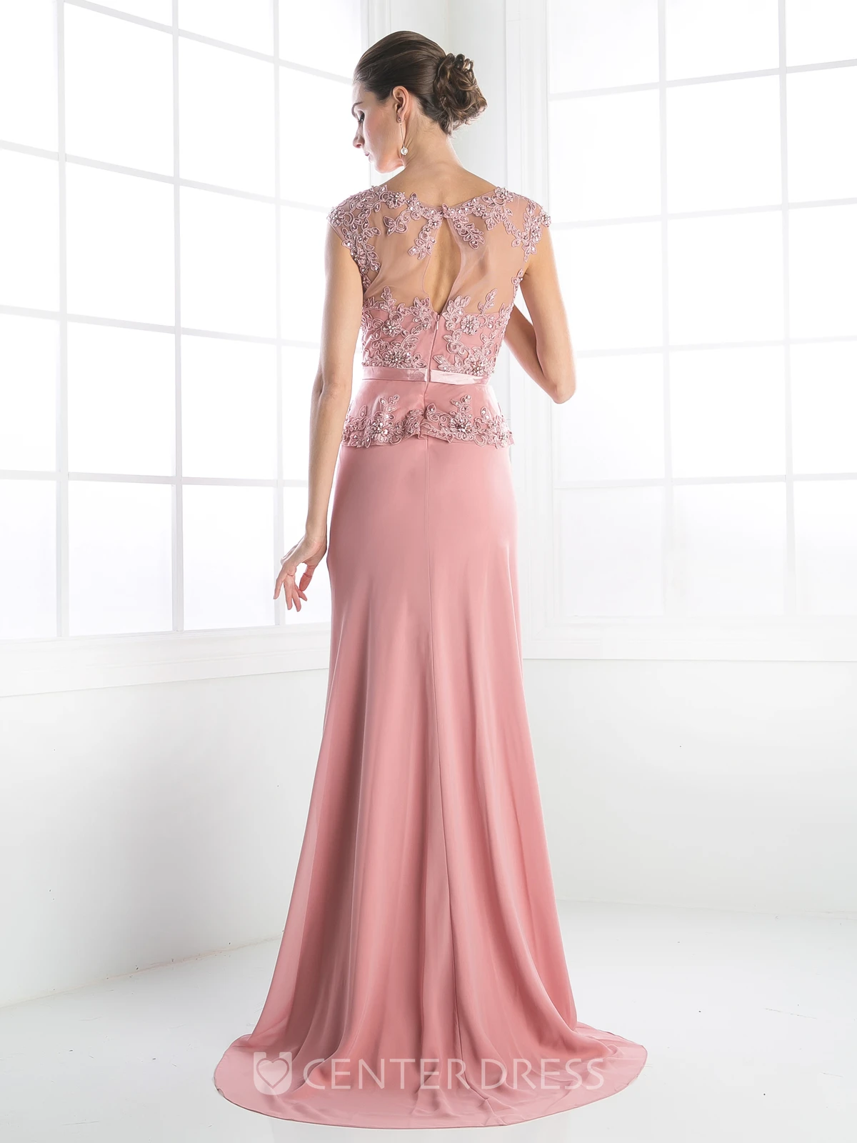 Sheath Long Scoop-Neck Cap-Sleeve Jersey Illusion Dress With Beading And Peplum
