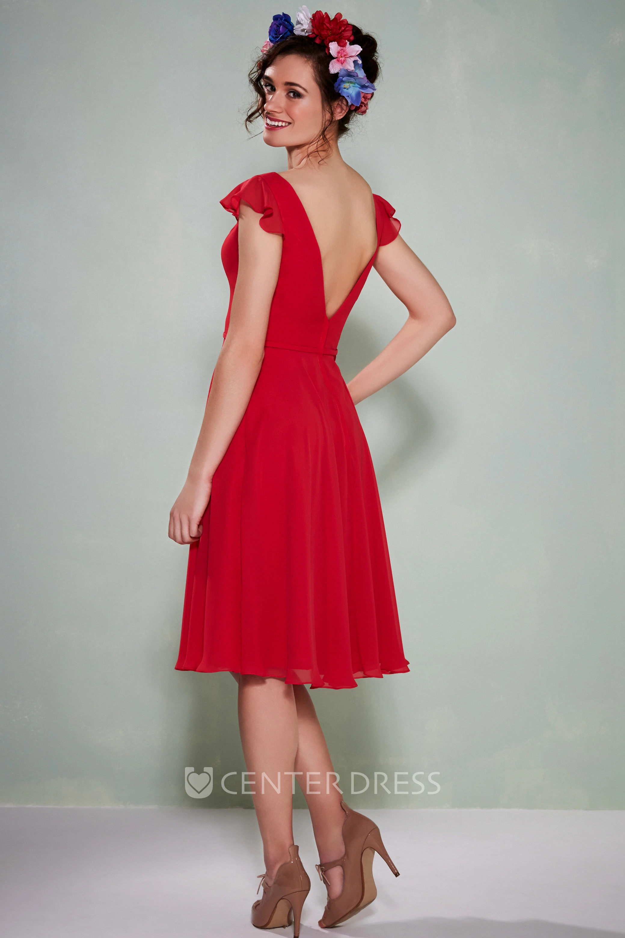 Knee-Length Cap Sleeve V-Neck Chiffon Bridesmaid Dress