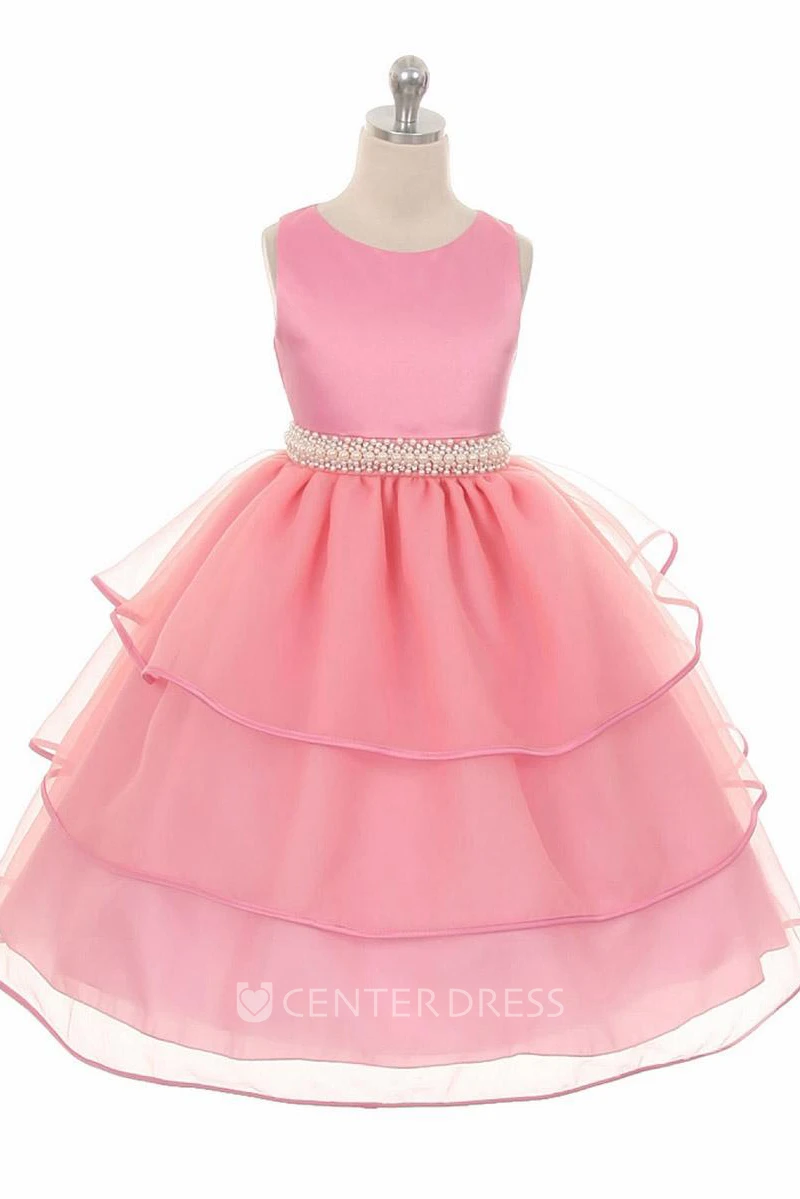 Tea-Length Beaded Sleeveless Organza&Satin Flower Girl Dress