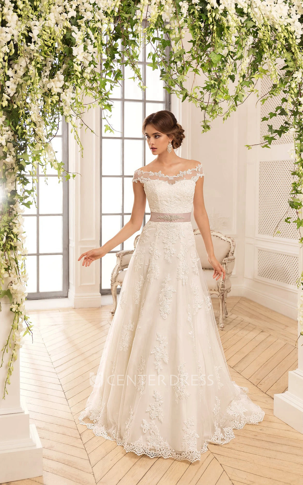 A-Line Long Off-The-Shoulder Illusion Lace Dress With Appliques And Ribbon