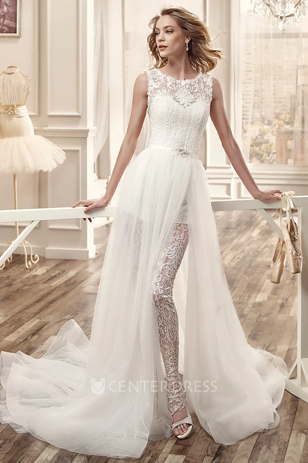 Jewel-Neck Side-Split Wedding Dress With Tulle Overlayer And Lace Bodice