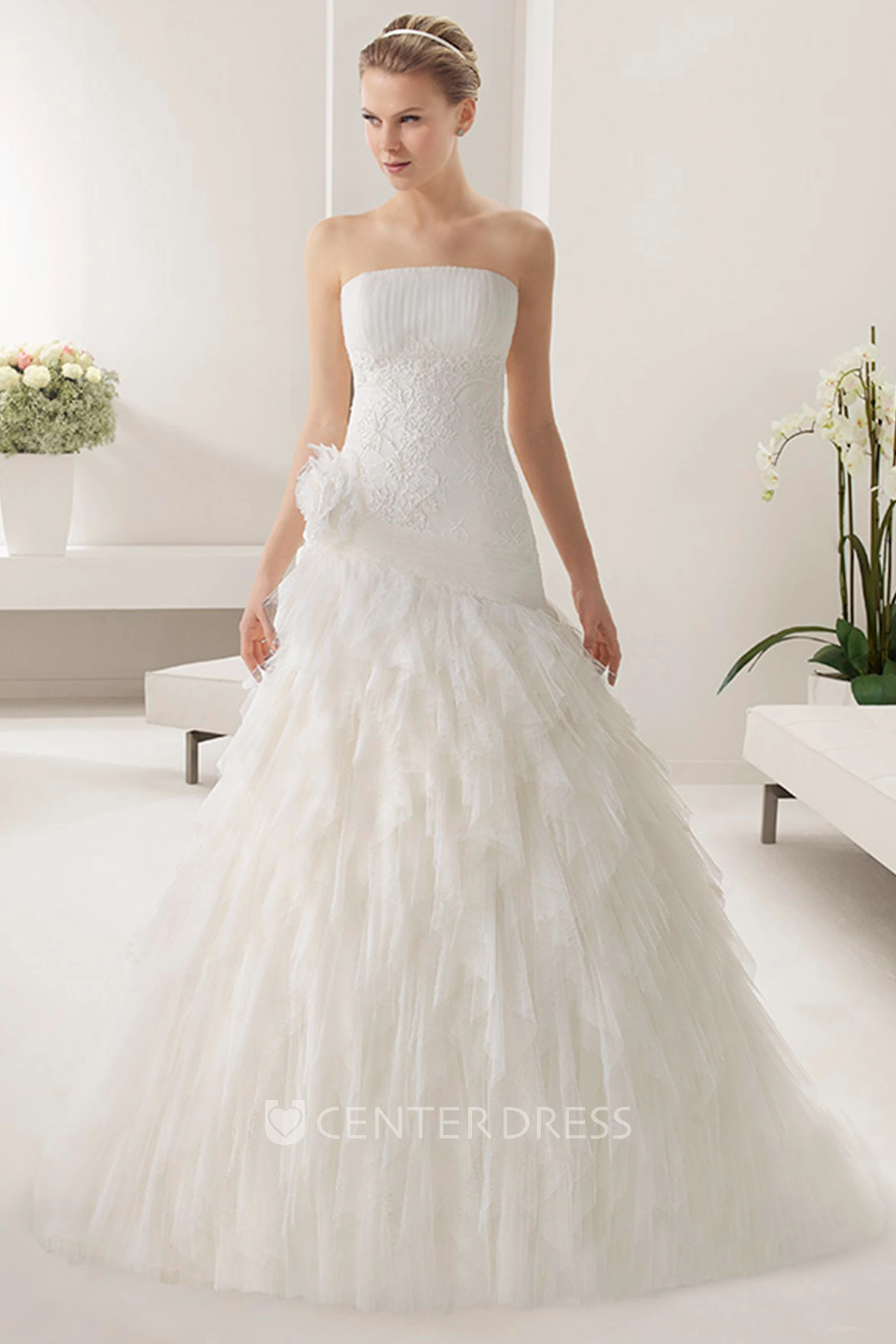 Strapless Tulle Mermaid Gown With Embroidered Waist And Tiered Skirt