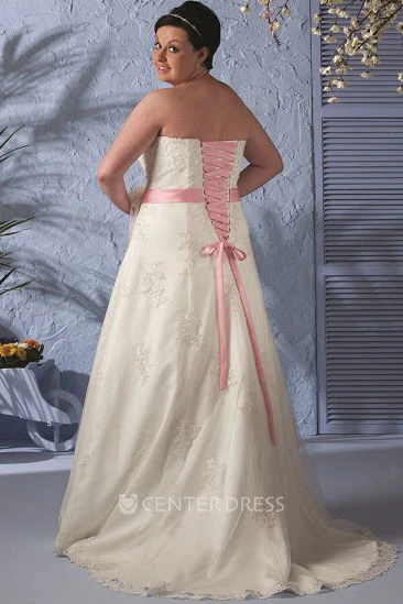 Lace-Up Bridal Gown With Pink Floral Sash And Lace Removable 3-4-Sleeve Jacket