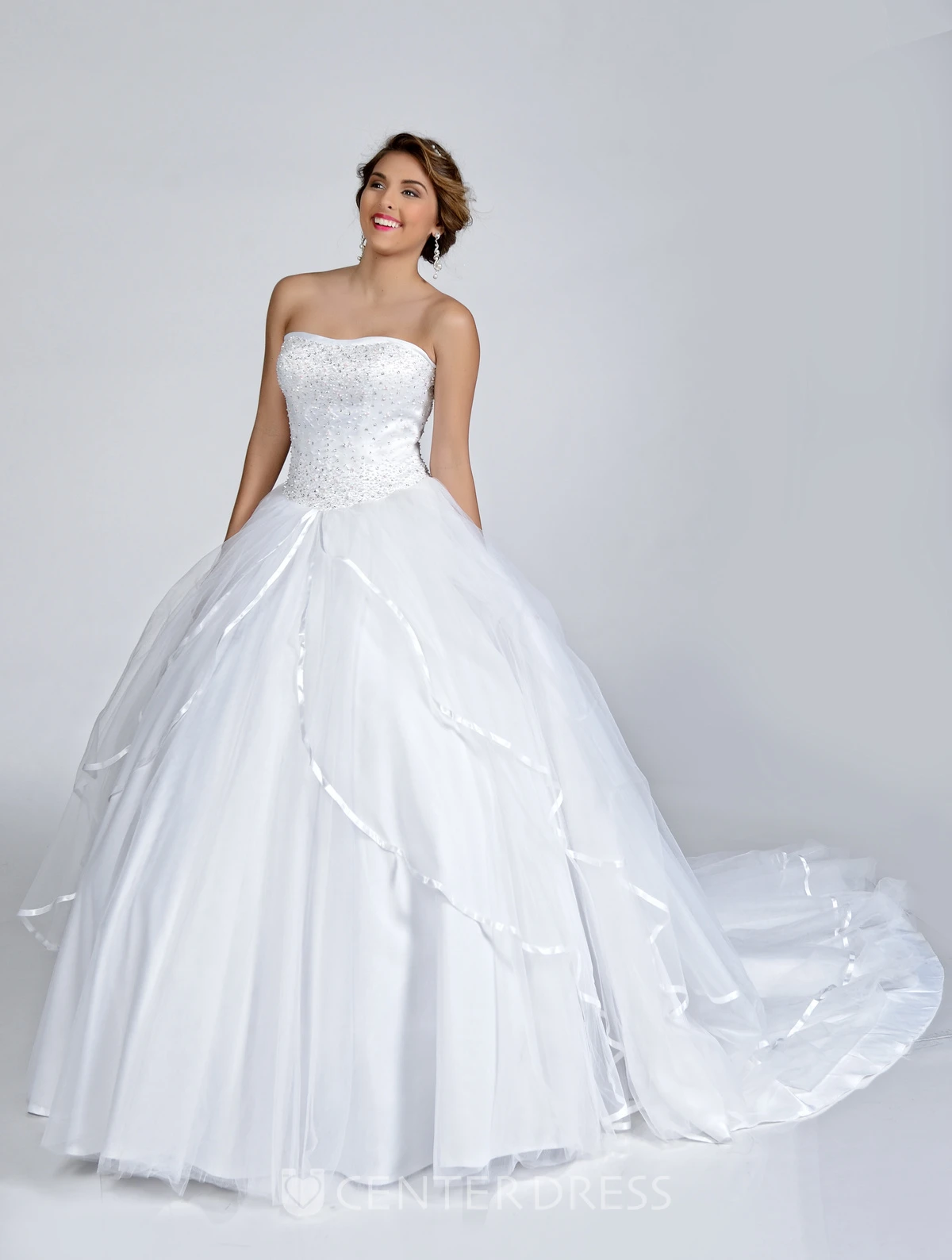Organza Strapless Ball Gown With Lace-Up Back And Sequined Bodice