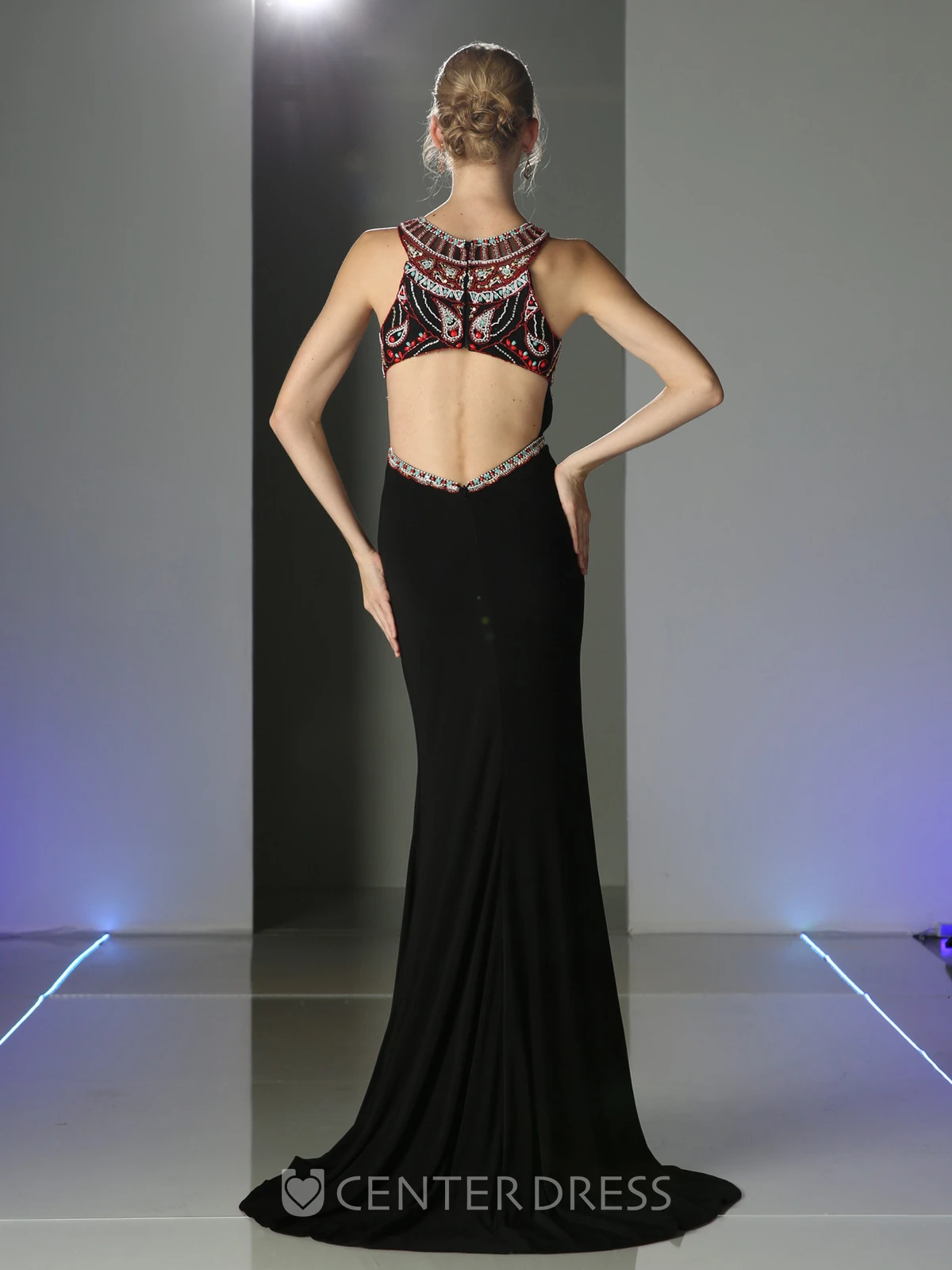 Sheath Long Jewel-Neck Sleeveless Jersey Keyhole Dress With Crystal Detailing