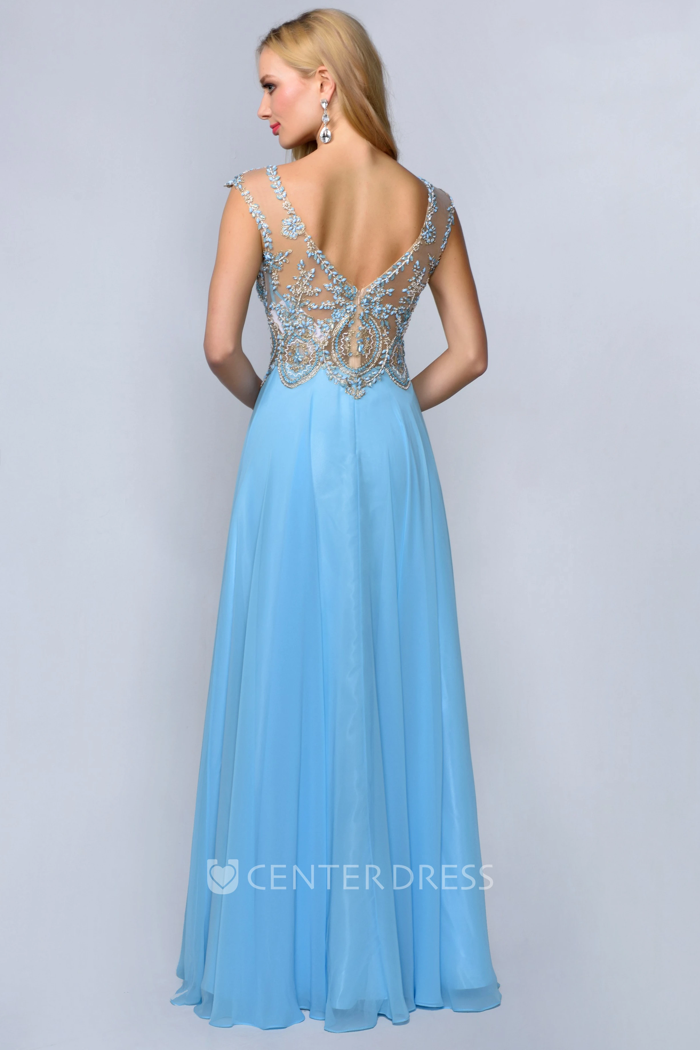A-Line Maxi Bateau Sleeveless Low-V Back Dress With Beading And Pleats