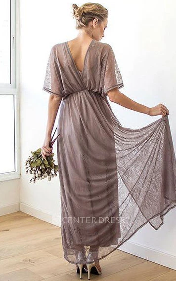 V-neck Lace Short Sleeve Dress With Lining