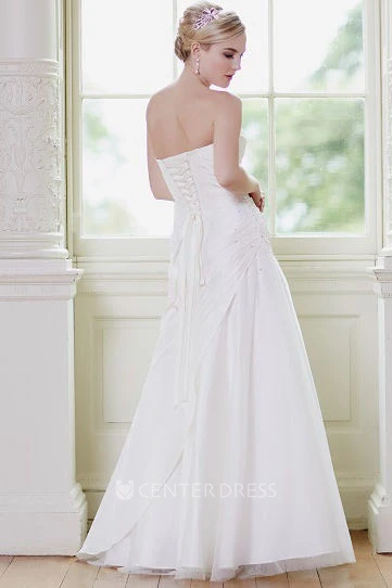 A-Line Draped Floor-Length Strapless Taffeta&Tulle Wedding Dress With Flower And Beading