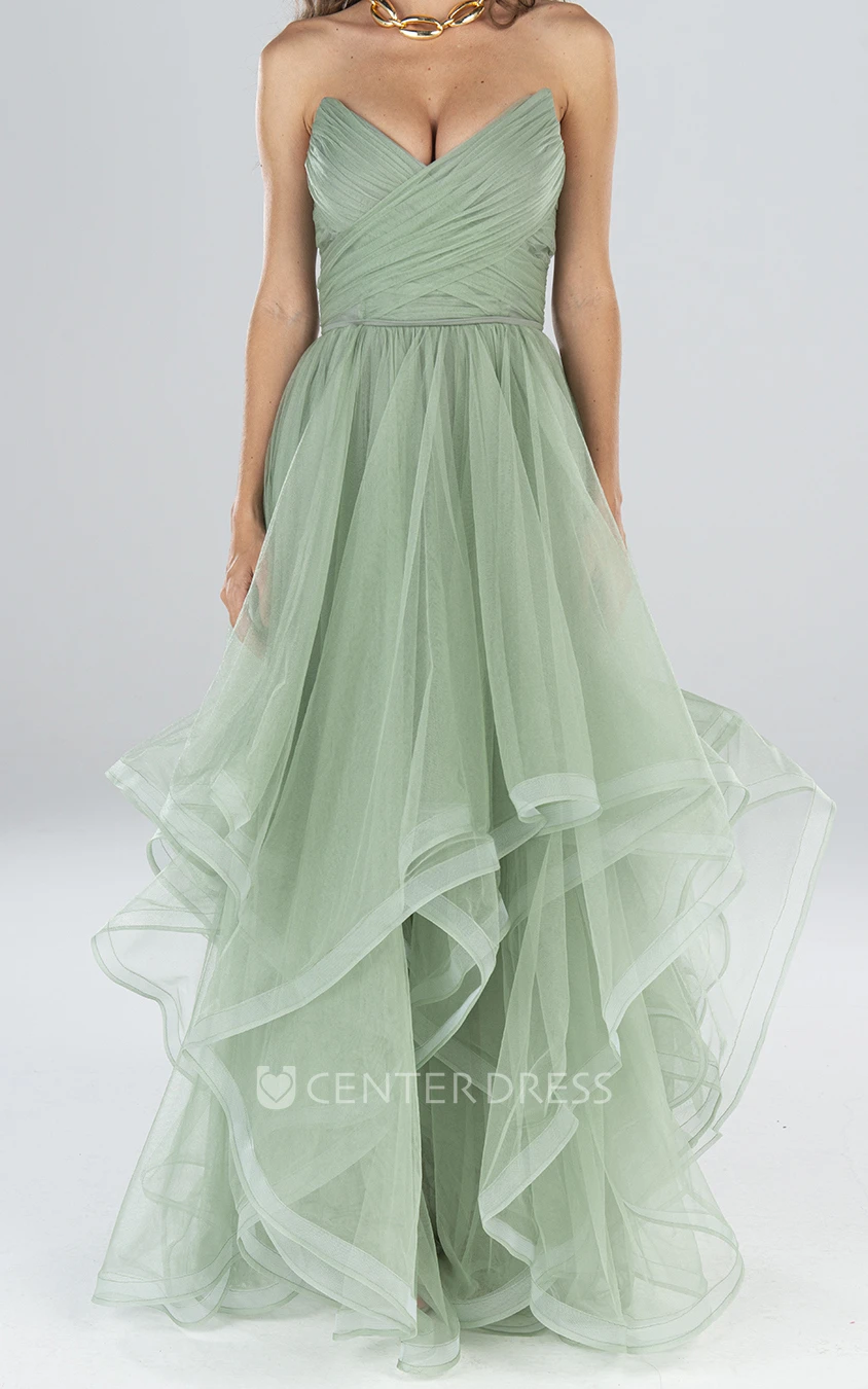 Modern Strapless A Line Floor-length Sleeveless Tulle Formal Dress with Ruching